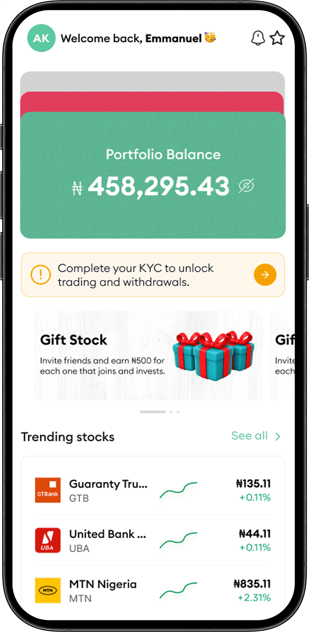 Qoovest mobile app showing portfolio balance